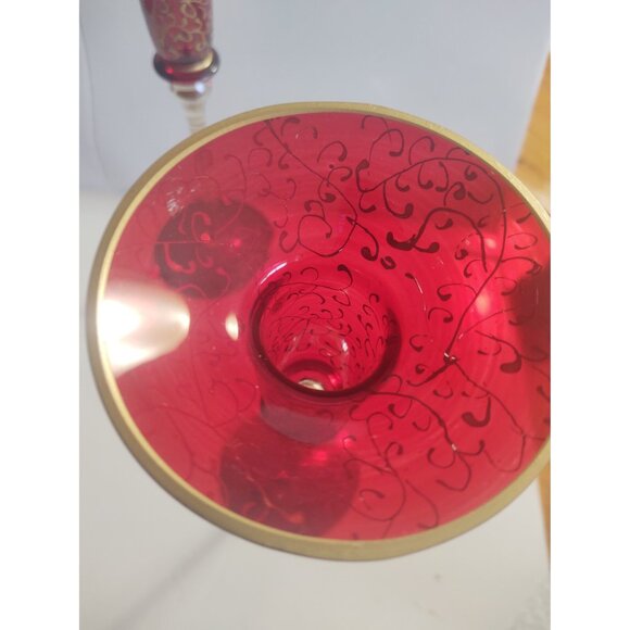 Jubilee Glass Taper Candle Holders Ruby Red Gold Gilded Scrolls 10" set of 2 - Picture 10 of 15